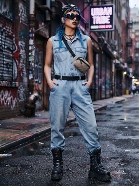 Free People Blue Denim Jumpsuit Boiler Suit Sleeveless Medium Edgy Tomboy Punk